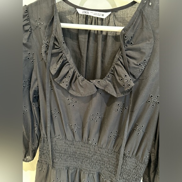 Zara Embroidered Eyelet Black Ruffle Mini dress - Picture 7 of 7